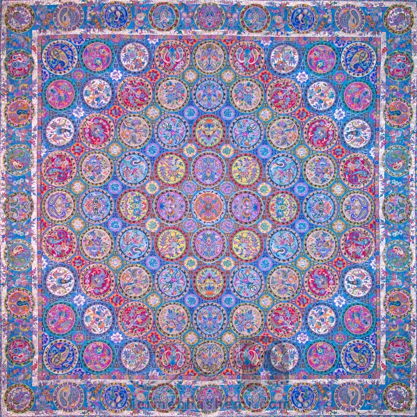 رومیزی ترمه طرح هفت خوان - مربع ‍۱۰۰×۱۰۰ سانتی متر - رنگ فیروزه ای تار مشکی