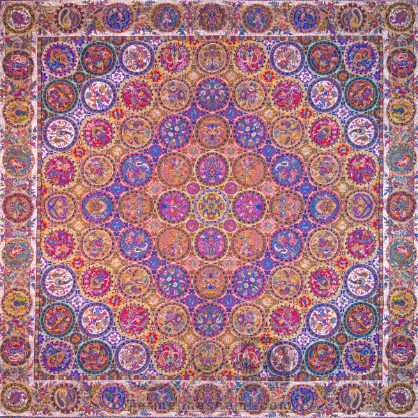 رومیزی ترمه طرح هفت خوان - مربع ‍۱۰۰×۱۰۰ سانتی متر - رنگ حنائی تار مشکی