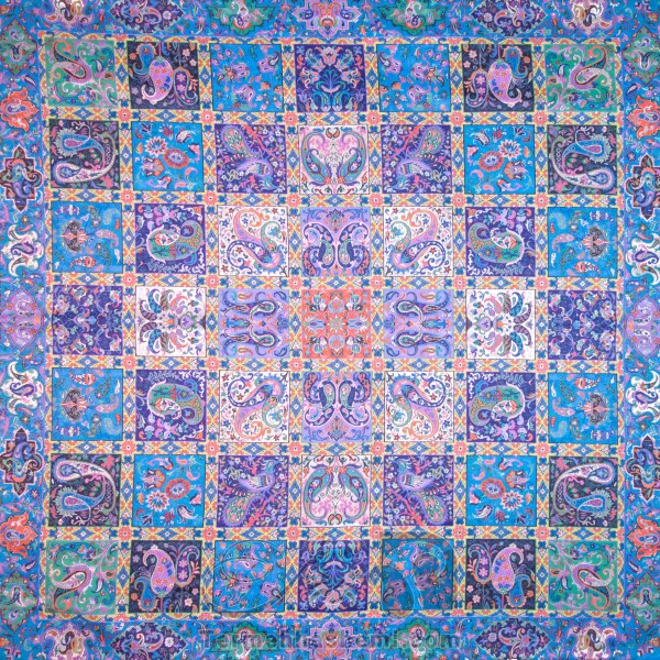 رومیزی ترمه طرح خشتی - مربع 100×100 سانتی متر - رنگ فیروزه ای تار سفید