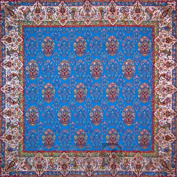 رومیزی ترمه طرح ظل السلطان - مربع ‍۱۰۰×۱۰۰ سانتی متر - رنگ فیروزه ای تار مشکی