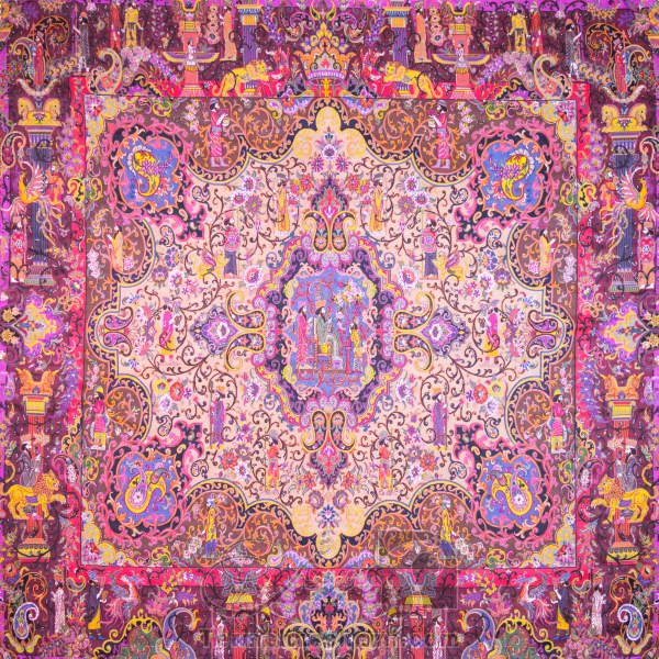 رومیزی ترمه طرح کوروش - مربع ‍۱۰۰×۱۰۰ سانتی متر - رنگ کرم پر رنگ تار مشکی