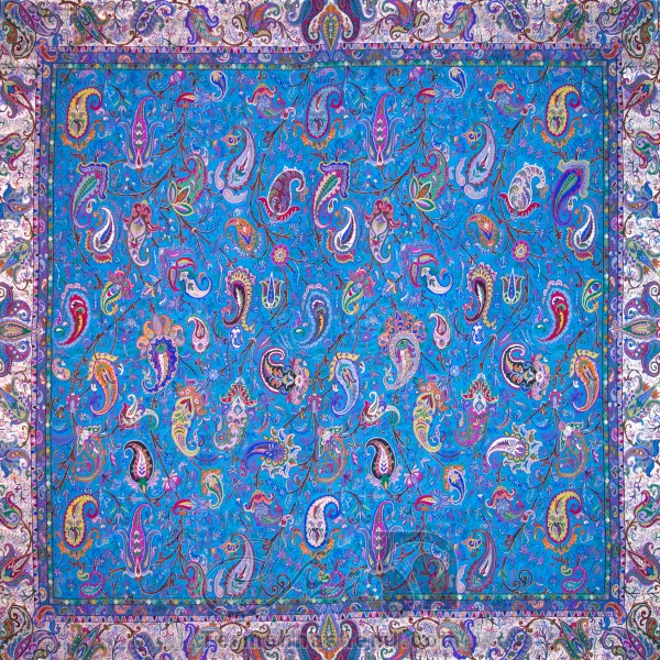 رومیزی ترمه طرح زندیه - مربع 100×100 سانتی متر - رنگ فیروزه ای تار مشکی