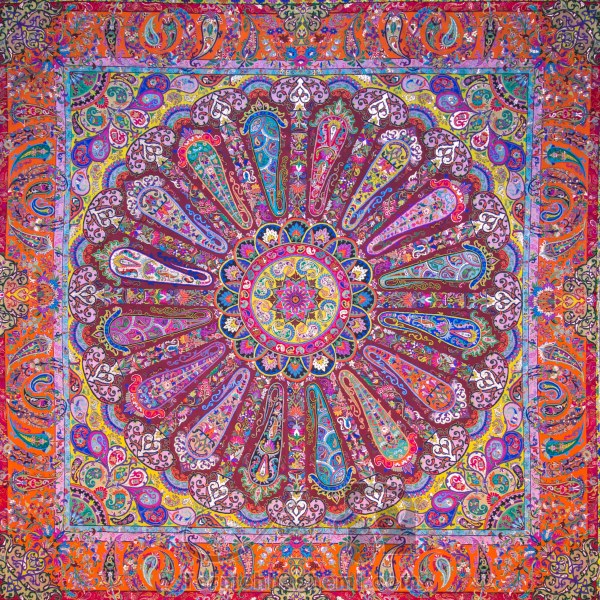 رومیزی ترمه طرح سلجوقی - مربع ‍100×100 سانتی متر - رنگ زرشكی تار مشکی