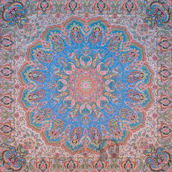 رومیزی ترمه طرح شاهدخت - مربع 100×100 سانتی متر - رنگ فیروزه ای تار سفید
