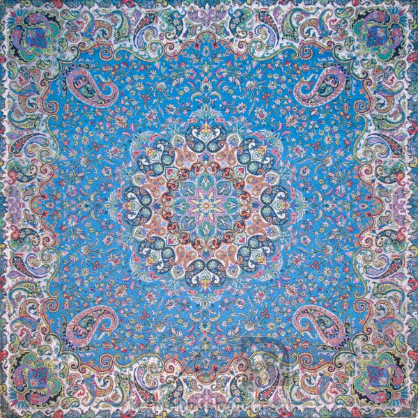 رومیزی ترمه طرح ستایش - مربع 100×100 سانتی متر - رنگ فیروزه ای تار مشکی