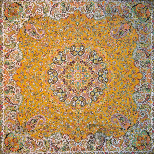رومیزی ترمه طرح ستایش - مربع 100×100 سانتی متر - رنگ زرد تار مشکی