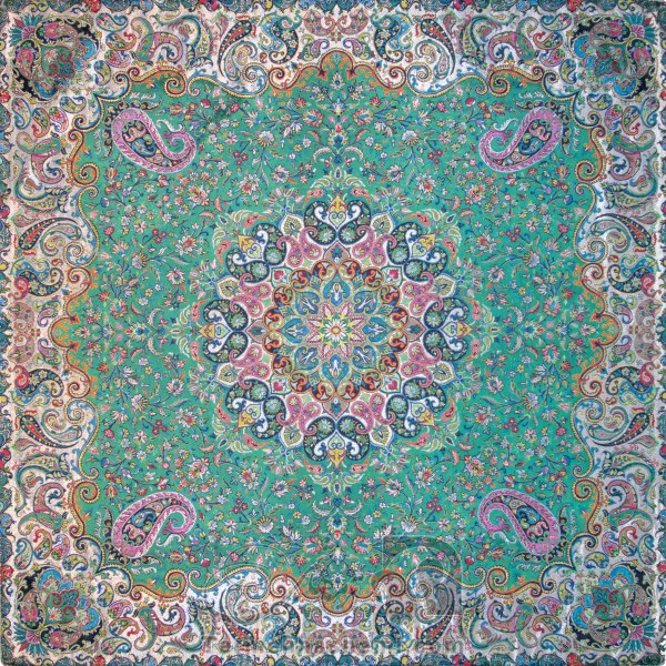 رومیزی ترمه طرح ستایش - مربع 100×100 سانتی متر - رنگ سبز کم رنگ تار مشکی