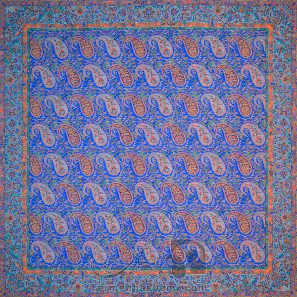 رومیزی ترمه طرح کج راه - مربع ‍۱۰۰×۱۰۰ سانتی متر - رنگ فیروزه ای تار مشکی