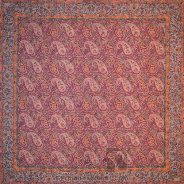 رومیزی ترمه طرح کج راه - مربع ‍۱۰۰×۱۰۰ سانتی متر - رنگ زرشکی تار مشکی