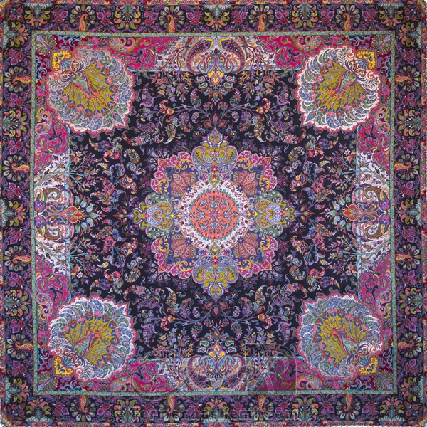رومیزی ترمه طرح طاووس - مربع 100×100 سانتی متر - رنگ مشکی تار مشکی